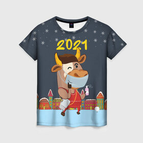 Женская футболка 3D с принтом Коронавирусный Новый Год в Петрозаводске, 100% полиэфир ( синтетическое хлопкоподобное полотно) | прямой крой, круглый вырез горловины, длина до линии бедер | 2021 | 7 января | bull | newyear | santa | бык | быки | бычок | год быка | дед мороз | корова | новогодние каникулы | новогодние праздники | новый 2021 | новый год | новый год 2021 | рождество | сани | санта | санта клаус