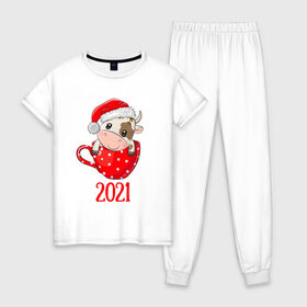 Женская пижама хлопок с принтом Милый новогодний бычок 2021 в Петрозаводске, 100% хлопок | брюки и футболка прямого кроя, без карманов, на брюках мягкая резинка на поясе и по низу штанин | 2021 | 7 января | bull | newyear | santa | бык | быки | бычок | год быка | дед мороз | корова | новогодние каникулы | новогодние праздники | новый 2021 | новый год | новый год 2021 | рождество | сани | санта | санта клаус
