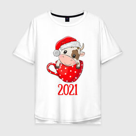 Мужская футболка хлопок Oversize с принтом Милый новогодний бычок 2021 в Петрозаводске, 100% хлопок | свободный крой, круглый ворот, “спинка” длиннее передней части | 2021 | 7 января | bull | newyear | santa | бык | быки | бычок | год быка | дед мороз | корова | новогодние каникулы | новогодние праздники | новый 2021 | новый год | новый год 2021 | рождество | сани | санта | санта клаус