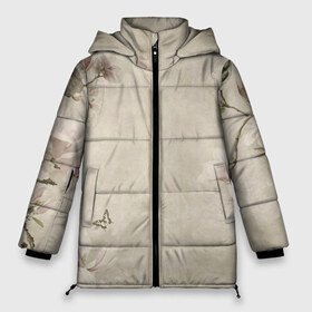 Женская зимняя куртка 3D с принтом Цветущая сакура в Петрозаводске, верх — 100% полиэстер; подкладка — 100% полиэстер; утеплитель — 100% полиэстер | длина ниже бедра, силуэт Оверсайз. Есть воротник-стойка, отстегивающийся капюшон и ветрозащитная планка. 

Боковые карманы с листочкой на кнопках и внутренний карман на молнии | Тематика изображения на принте: акварель. | бабочки | гуашь | розы | сакура | тушь | цветы | чернила | япония | японская живопись