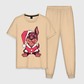 Мужская пижама хлопок с принтом Рождественский пёсик в Петрозаводске, 100% хлопок | брюки и футболка прямого кроя, без карманов, на брюках мягкая резинка на поясе и по низу штанин
 | 