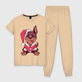 Женская пижама хлопок с принтом Рождественский пёсик в Петрозаводске, 100% хлопок | брюки и футболка прямого кроя, без карманов, на брюках мягкая резинка на поясе и по низу штанин | 