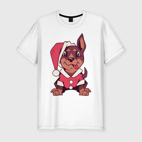 Мужская футболка хлопок Slim с принтом Рождественский пёсик в Петрозаводске, 92% хлопок, 8% лайкра | приталенный силуэт, круглый вырез ворота, длина до линии бедра, короткий рукав | 