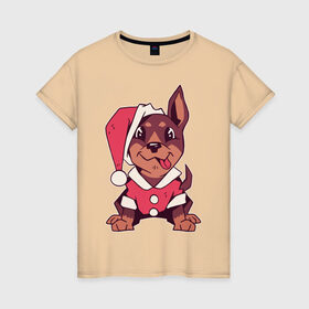 Женская футболка хлопок с принтом Рождественский пёсик в Петрозаводске, 100% хлопок | прямой крой, круглый вырез горловины, длина до линии бедер, слегка спущенное плечо | 