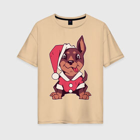 Женская футболка хлопок Oversize с принтом Рождественский пёсик в Петрозаводске, 100% хлопок | свободный крой, круглый ворот, спущенный рукав, длина до линии бедер
 | 