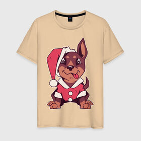 Мужская футболка хлопок с принтом Рождественский пёсик в Петрозаводске, 100% хлопок | прямой крой, круглый вырез горловины, длина до линии бедер, слегка спущенное плечо. | 