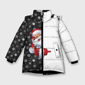 Зимняя куртка для девочек 3D с принтом Дедушка Мороз в Петрозаводске, ткань верха — 100% полиэстер; подклад — 100% полиэстер, утеплитель — 100% полиэстер. | длина ниже бедра, удлиненная спинка, воротник стойка и отстегивающийся капюшон. Есть боковые карманы с листочкой на кнопках, утяжки по низу изделия и внутренний карман на молнии. 

Предусмотрены светоотражающий принт на спинке, радужный светоотражающий элемент на пуллере молнии и на резинке для утяжки. | christmas | merry christmas | дед мороз | ёлка | зима | мороз | новый год | подарок | праздник | рождество | с новым годом | санта клаус | снегурочка | снежинки