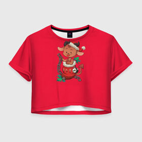 Женская футболка Crop-top 3D с принтом Новый год | Чертёнок в Петрозаводске, 100% полиэстер | круглая горловина, длина футболки до линии талии, рукава с отворотами | 