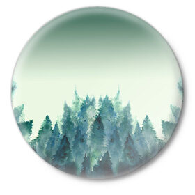 Значок с принтом акварельный лес градиент в Петрозаводске,  металл | круглая форма, металлическая застежка в виде булавки | Тематика изображения на принте: акварель | горы | деревья | дымка | ели | лес | нрадиент | олень | отражение | природа | рисунок | силуэты