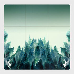 Магнитный плакат 3Х3 с принтом акварельный лес градиент в Петрозаводске, Полимерный материал с магнитным слоем | 9 деталей размером 9*9 см | Тематика изображения на принте: акварель | горы | деревья | дымка | ели | лес | нрадиент | олень | отражение | природа | рисунок | силуэты