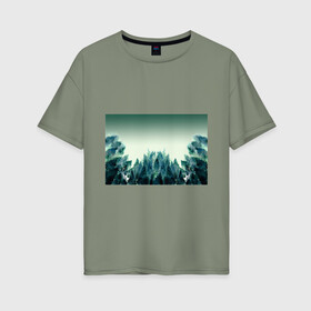 Женская футболка хлопок Oversize с принтом акварельный лес градиент в Петрозаводске, 100% хлопок | свободный крой, круглый ворот, спущенный рукав, длина до линии бедер
 | акварель | горы | деревья | дымка | ели | лес | нрадиент | олень | отражение | природа | рисунок | силуэты