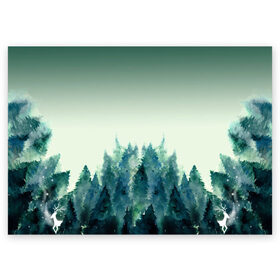 Поздравительная открытка с принтом акварельный лес градиент в Петрозаводске, 100% бумага | плотность бумаги 280 г/м2, матовая, на обратной стороне линовка и место для марки
 | Тематика изображения на принте: акварель | горы | деревья | дымка | ели | лес | нрадиент | олень | отражение | природа | рисунок | силуэты