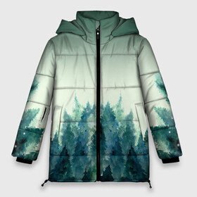 Женская зимняя куртка 3D с принтом акварельный лес градиент в Петрозаводске, верх — 100% полиэстер; подкладка — 100% полиэстер; утеплитель — 100% полиэстер | длина ниже бедра, силуэт Оверсайз. Есть воротник-стойка, отстегивающийся капюшон и ветрозащитная планка. 

Боковые карманы с листочкой на кнопках и внутренний карман на молнии | акварель | горы | деревья | дымка | ели | лес | нрадиент | олень | отражение | природа | рисунок | силуэты