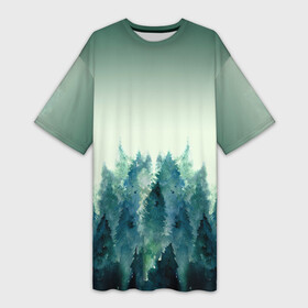 Платье-футболка 3D с принтом акварельный лес градиент в Петрозаводске,  |  | акварель | горы | деревья | дымка | ели | лес | нрадиент | олень | отражение | природа | рисунок | силуэты