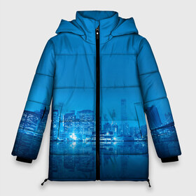 Женская зимняя куртка 3D с принтом вид на ночной мегаполис в Петрозаводске, верх — 100% полиэстер; подкладка — 100% полиэстер; утеплитель — 100% полиэстер | длина ниже бедра, силуэт Оверсайз. Есть воротник-стойка, отстегивающийся капюшон и ветрозащитная планка. 

Боковые карманы с листочкой на кнопках и внутренний карман на молнии | вид | здания | мегаполис | многоэтажки | ночной город | отражение | смог | туман