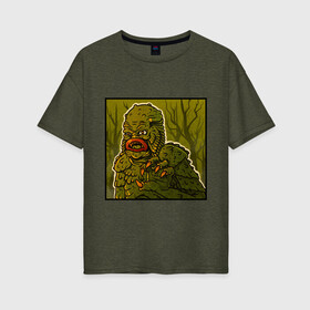 Женская футболка хлопок Oversize с принтом Swamp monster в Петрозаводске, 100% хлопок | свободный крой, круглый ворот, спущенный рукав, длина до линии бедер
 | art | monster | monstr | pop art | арт | болотное чудовище | болото | монстр | поп арт | чудище | чудовище | шрек