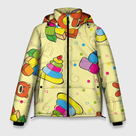 Мужская зимняя куртка 3D с принтом Детские игрушки в Петрозаводске, верх — 100% полиэстер; подкладка — 100% полиэстер; утеплитель — 100% полиэстер | длина ниже бедра, свободный силуэт Оверсайз. Есть воротник-стойка, отстегивающийся капюшон и ветрозащитная планка. 

Боковые карманы с листочкой на кнопках и внутренний карман на молнии. | детский | для ребенка | дочь | желтый | игрушки | красочный | милый | мишка | пирамидка | принт | рисованный | сын | узор | яркий