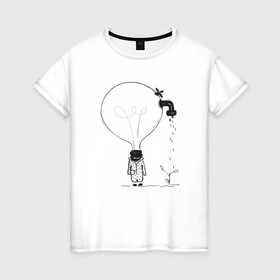 Женская футболка хлопок с принтом Absurd 4 в Петрозаводске, 100% хлопок | прямой крой, круглый вырез горловины, длина до линии бедер, слегка спущенное плечо | абстрактный | вода | голова | идея | иллюстрация | лампочка | мысли | растение | рисунок | росток | человечек | черно белый