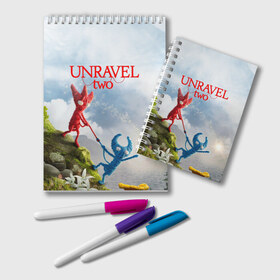 Блокнот с принтом Unravel Two (Z) в Петрозаводске, 100% бумага | 48 листов, плотность листов — 60 г/м2, плотность картонной обложки — 250 г/м2. Листы скреплены удобной пружинной спиралью. Цвет линий — светло-серый
 | coldwood interactive | unravel | unravel two | головоломка | красная пряжа | распутать | семейная игра | ярни