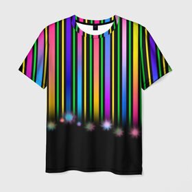 Мужская футболка 3D с принтом Градиентный звездопад в Петрозаводске, 100% полиэфир | прямой крой, круглый вырез горловины, длина до линии бедер | градиент | звезда | ленты | полоски | праздник | радость | салют | фейерверк