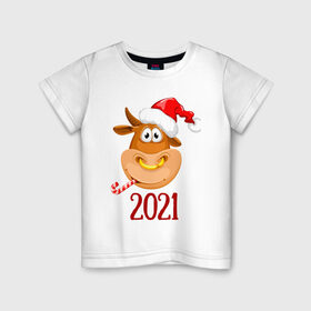 Детская футболка хлопок с принтом Веселый бык 2021 в Петрозаводске, 100% хлопок | круглый вырез горловины, полуприлегающий силуэт, длина до линии бедер | 2021 | 7 января | bull | newyear | santa | бык | быки | бычок | год быка | дед мороз | корова | новогодние каникулы | новогодние праздники | новый 2021 | новый год | новый год 2021 | рождество | сани | санта | санта клаус