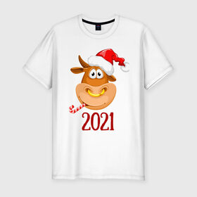 Мужская футболка хлопок Slim с принтом Веселый бык 2021 в Петрозаводске, 92% хлопок, 8% лайкра | приталенный силуэт, круглый вырез ворота, длина до линии бедра, короткий рукав | 2021 | 7 января | bull | newyear | santa | бык | быки | бычок | год быка | дед мороз | корова | новогодние каникулы | новогодние праздники | новый 2021 | новый год | новый год 2021 | рождество | сани | санта | санта клаус