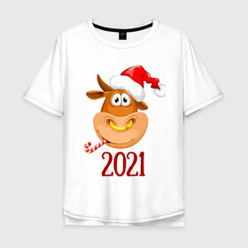 Мужская футболка хлопок Oversize с принтом Веселый бык 2021 в Петрозаводске, 100% хлопок | свободный крой, круглый ворот, “спинка” длиннее передней части | 2021 | 7 января | bull | newyear | santa | бык | быки | бычок | год быка | дед мороз | корова | новогодние каникулы | новогодние праздники | новый 2021 | новый год | новый год 2021 | рождество | сани | санта | санта клаус