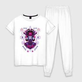 Женская пижама хлопок с принтом Geisha в Петрозаводске, 100% хлопок | брюки и футболка прямого кроя, без карманов, на брюках мягкая резинка на поясе и по низу штанин | Тематика изображения на принте: art | brutal | cool | cute | cyber | cybergirl | devil | geisha | geometry | girl | japan | katana | kawai | mask | mecha | robot | sacred | samurai | арт | ветор | геометрические | голова | девушка | кавай | катана | кибер | киборг | маска | маха