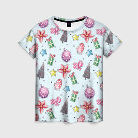 Женская футболка 3D с принтом новогодние игрушки в Петрозаводске, 100% полиэфир ( синтетическое хлопкоподобное полотно) | прямой крой, круглый вырез горловины, длина до линии бедер | елка | новый год | подарок | рождество