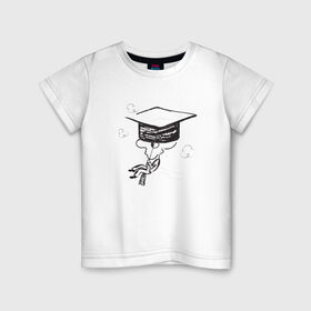 Детская футболка хлопок с принтом Absurd 7 в Петрозаводске, 100% хлопок | круглый вырез горловины, полуприлегающий силуэт, длина до линии бедер | выпускник | графика | иллюстрация | кисточка | облака | полет | рисунок | треуголка | ученик | человечек | черно белый