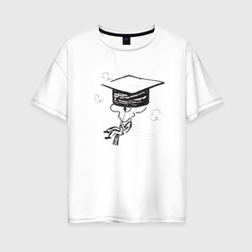 Женская футболка хлопок Oversize с принтом Absurd 7 в Петрозаводске, 100% хлопок | свободный крой, круглый ворот, спущенный рукав, длина до линии бедер
 | выпускник | графика | иллюстрация | кисточка | облака | полет | рисунок | треуголка | ученик | человечек | черно белый