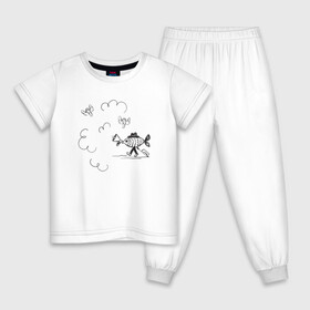Детская пижама хлопок с принтом Absurd 8 в Петрозаводске, 100% хлопок |  брюки и футболка прямого кроя, без карманов, на брюках мягкая резинка на поясе и по низу штанин
 | графика | звук | иллюстрация | облака | рисунок | рупор | рыба | ушки | черно белый | шляпа | юмор