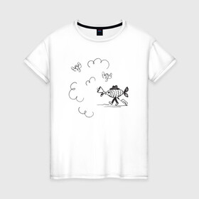 Женская футболка хлопок с принтом Absurd 8 в Петрозаводске, 100% хлопок | прямой крой, круглый вырез горловины, длина до линии бедер, слегка спущенное плечо | графика | звук | иллюстрация | облака | рисунок | рупор | рыба | ушки | черно белый | шляпа | юмор