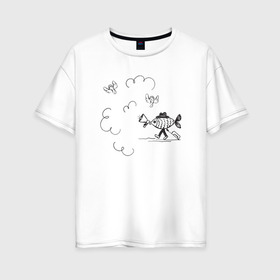 Женская футболка хлопок Oversize с принтом Absurd 8 в Петрозаводске, 100% хлопок | свободный крой, круглый ворот, спущенный рукав, длина до линии бедер
 | графика | звук | иллюстрация | облака | рисунок | рупор | рыба | ушки | черно белый | шляпа | юмор