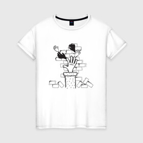 Женская футболка хлопок с принтом Absurd 10 в Петрозаводске, 100% хлопок | прямой крой, круглый вырез горловины, длина до линии бедер, слегка спущенное плечо | графика | иллюстрация | кирпичи | кладка | кубики | рисунок | рука | стена | строитель | стройка | черно белый