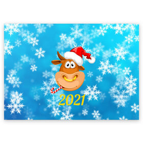 Поздравительная открытка с принтом Год быка 2021 в Петрозаводске, 100% бумага | плотность бумаги 280 г/м2, матовая, на обратной стороне линовка и место для марки
 | Тематика изображения на принте: 2021 | 7 января | bull | newyear | santa | бык | быки | бычок | год быка | дед мороз | корова | новогодние каникулы | новогодние праздники | новый 2021 | новый год | новый год 2021 | рождество | сани | санта | санта клаус