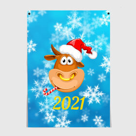 Постер с принтом Год быка 2021 в Петрозаводске, 100% бумага
 | бумага, плотность 150 мг. Матовая, но за счет высокого коэффициента гладкости имеет небольшой блеск и дает на свету блики, но в отличии от глянцевой бумаги не покрыта лаком | 2021 | 7 января | bull | newyear | santa | бык | быки | бычок | год быка | дед мороз | корова | новогодние каникулы | новогодние праздники | новый 2021 | новый год | новый год 2021 | рождество | сани | санта | санта клаус