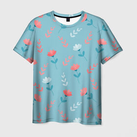 Мужская футболка 3D с принтом Цветочки и листики на голубом в Петрозаводске, 100% полиэфир | прямой крой, круглый вырез горловины, длина до линии бедер | 8 марта | весна | день рождения | коралловый | лето | листики | паттерн | праздник | узор | цветочки
