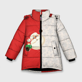Зимняя куртка для девочек 3D с принтом Селфи Деда Мороза в Петрозаводске, ткань верха — 100% полиэстер; подклад — 100% полиэстер, утеплитель — 100% полиэстер. | длина ниже бедра, удлиненная спинка, воротник стойка и отстегивающийся капюшон. Есть боковые карманы с листочкой на кнопках, утяжки по низу изделия и внутренний карман на молнии. 

Предусмотрены светоотражающий принт на спинке, радужный светоотражающий элемент на пуллере молнии и на резинке для утяжки. | christmas | merry christmas | дед мороз | ёлка | зима | мороз | новый год | подарок | праздник | рождество | с новым годом | санта клаус | селфи | снегурочка | снежинки