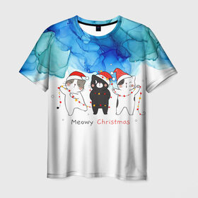 Мужская футболка 3D с принтом Meowy christmas в Петрозаводске, 100% полиэфир | прямой крой, круглый вырез горловины, длина до линии бедер | new year | арт | графика | дед мороз | зима | новый год | рождество | санта