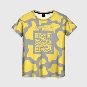 Женская футболка 3D с принтом CyberCow 2021 в Петрозаводске, 100% полиэфир ( синтетическое хлопкоподобное полотно) | прямой крой, круглый вырез горловины, длина до линии бедер | cyberpunk | cyberrussia | illuminating | pantone | qr code | ultimate grey | безупречный | бык | желтый | киберкорова | корова | новый год | освещающий | пятна | серый