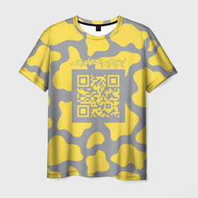 Мужская футболка 3D с принтом CyberCow 2021 в Петрозаводске, 100% полиэфир | прямой крой, круглый вырез горловины, длина до линии бедер | cyberpunk | cyberrussia | illuminating | pantone | qr code | ultimate grey | безупречный | бык | желтый | киберкорова | корова | новый год | освещающий | пятна | серый