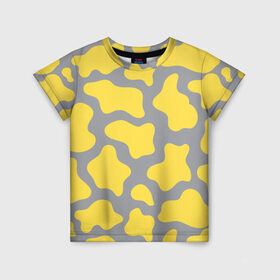 Детская футболка 3D с принтом Желто-серая корова в Петрозаводске, 100% гипоаллергенный полиэфир | прямой крой, круглый вырез горловины, длина до линии бедер, чуть спущенное плечо, ткань немного тянется | illuminating | pantone | ultimate grey | безупречный | бык | желтый | корова | новый год | освещающий | пятна | серый