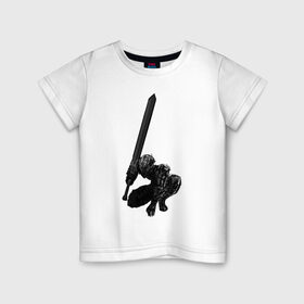 Детская футболка хлопок с принтом Berserk Guts в Петрозаводске, 100% хлопок | круглый вырез горловины, полуприлегающий силуэт, длина до линии бедер | anime | armor | berserk | black | cape | guts | strong | sword | warrior | аниме | берсерк | гатс