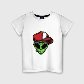 Детская футболка хлопок с принтом Alien gangster в Петрозаводске, 100% хлопок | круглый вырез горловины, полуприлегающий силуэт, длина до линии бедер | alien | бандит | гангстер | инопланетянин | кепка | крутой | нло | опасный | пришелец | хипстер