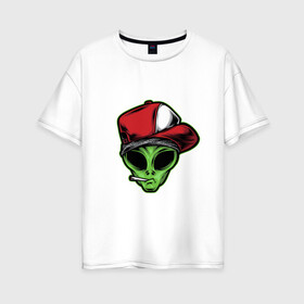 Женская футболка хлопок Oversize с принтом Alien gangster в Петрозаводске, 100% хлопок | свободный крой, круглый ворот, спущенный рукав, длина до линии бедер
 | alien | бандит | гангстер | инопланетянин | кепка | крутой | нло | опасный | пришелец | хипстер