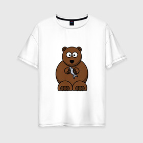 Женская футболка хлопок Oversize с принтом медведь с рыбой в Петрозаводске, 100% хлопок | свободный крой, круглый ворот, спущенный рукав, длина до линии бедер
 | гризли | детские | живая | животные | звери | картинки | медведь | мультфильмы | популярные | прикольные | природа | рыба | тренды | хищники