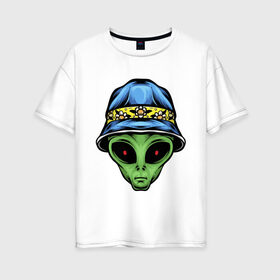 Женская футболка хлопок Oversize с принтом Alien in panama в Петрозаводске, 100% хлопок | свободный крой, круглый ворот, спущенный рукав, длина до линии бедер
 | alien | инопланетянин | кепка | нло | пришелец | хипстер | шляпа