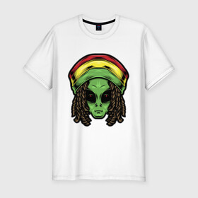 Мужская футболка хлопок Slim с принтом Reggae alien в Петрозаводске, 92% хлопок, 8% лайкра | приталенный силуэт, круглый вырез ворота, длина до линии бедра, короткий рукав | alien | волосы | инопланетянин | кепка | нло | пришелец | растаман | регги | хипстер | шляпа