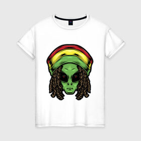 Женская футболка хлопок с принтом Reggae alien в Петрозаводске, 100% хлопок | прямой крой, круглый вырез горловины, длина до линии бедер, слегка спущенное плечо | Тематика изображения на принте: alien | волосы | инопланетянин | кепка | нло | пришелец | растаман | регги | хипстер | шляпа